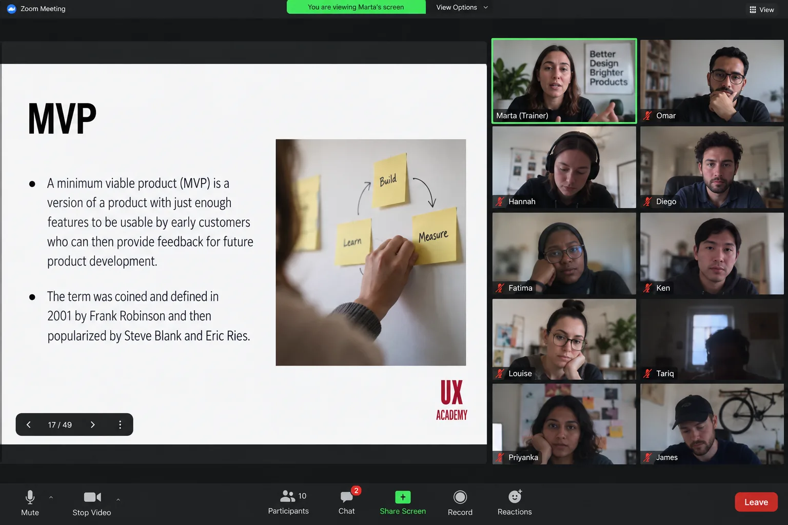 A live UX Academy class on Zoom, with the instructor speaking and the small group listening in the gallery grid.