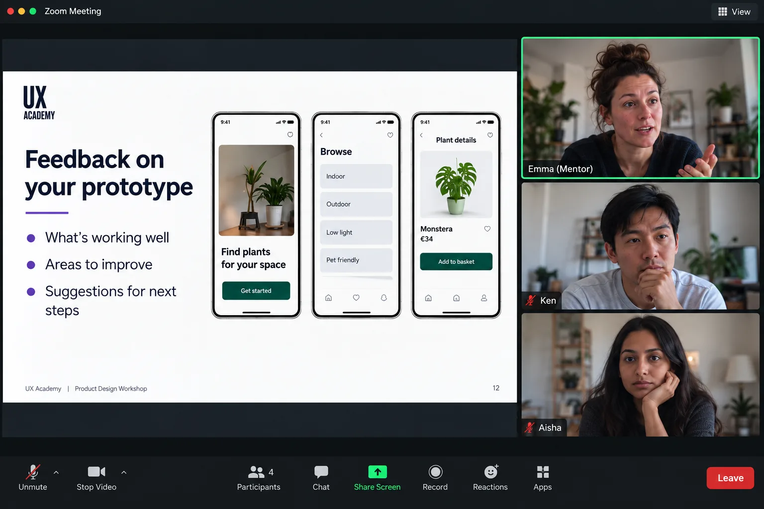A small-group mentoring session on Zoom: a mentor gives feedback on a prototype, with three people in the participant grid and the prototype screens on the shared slide.