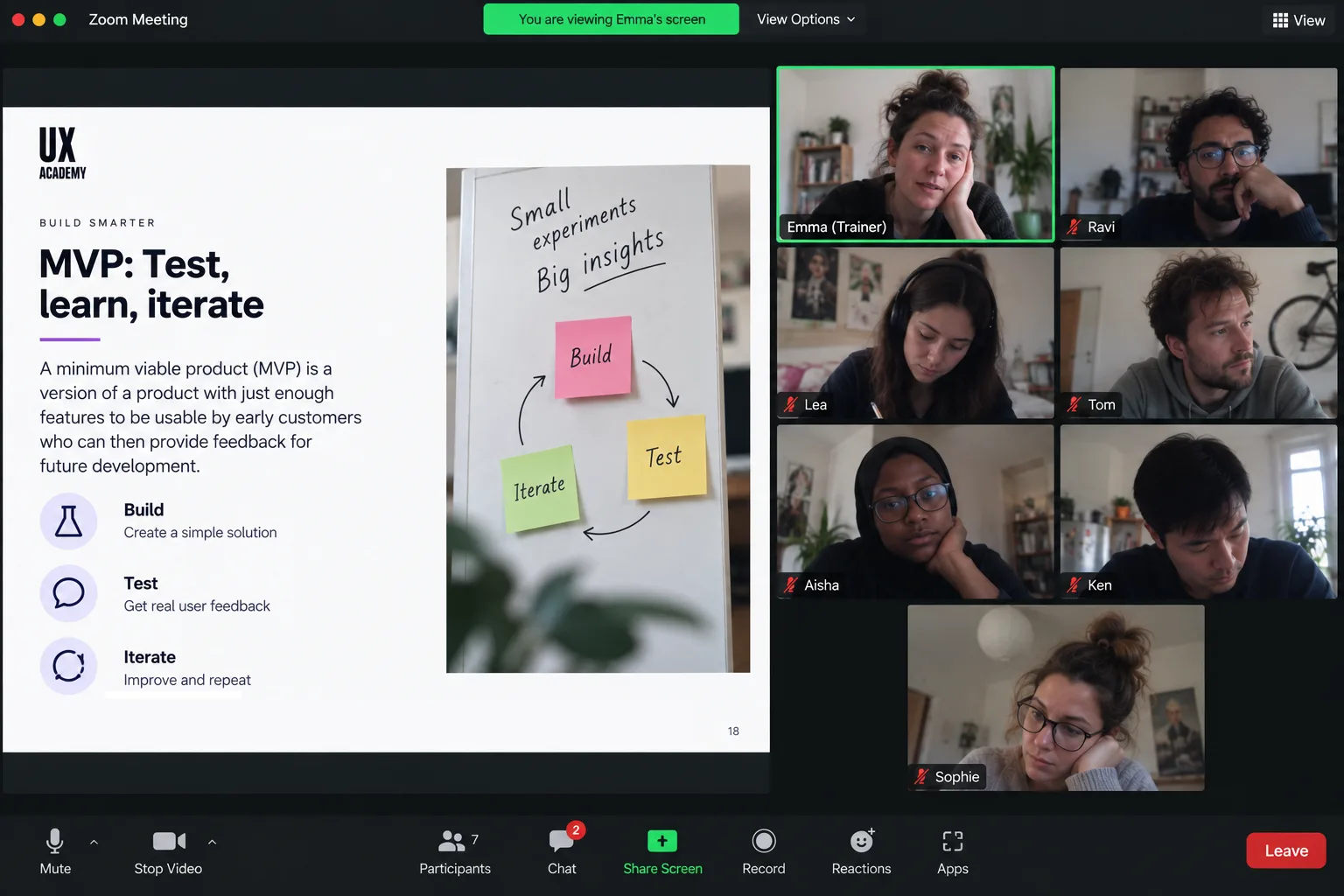 A live UX Academy session on Zoom: the instructor explains building, testing and iterating a minimum viable product, with the group in the participant grid.