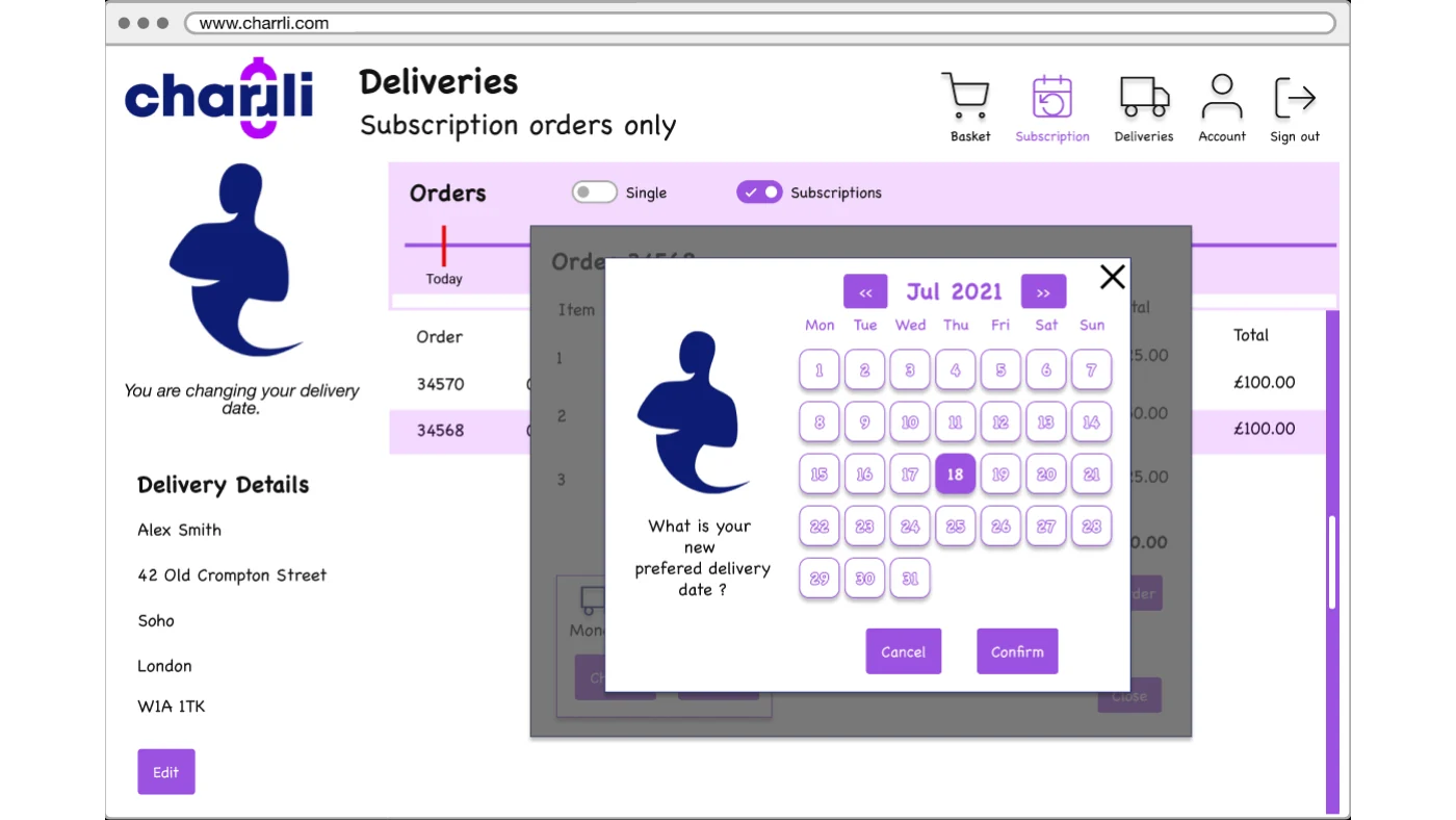 Charrli prototype showing a calendar date picker over the deliveries screen, asking the customer for a new preferred delivery date.