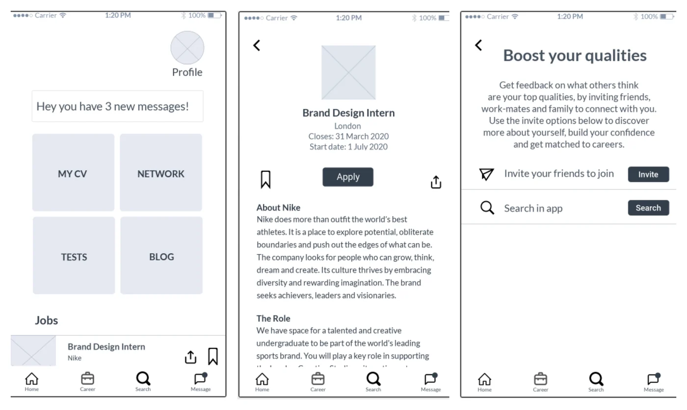 Three Fledglink prototype screens side by side: a home screen with a new-messages banner and tiles for CV, network, tests and blog; a job detail screen for a brand design intern with Apply, bookmark and share controls; and a Boost your qualities screen inviting friends to give feedback.