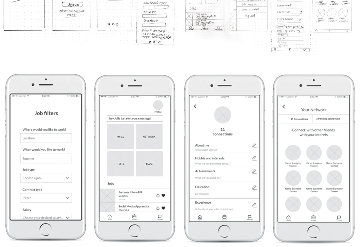 Fledglink prototype development: a row of paper sketches above four low-fidelity phone screens covering job filters, a messages and shortcuts home screen, an editable profile with eleven connections, and a network screen.