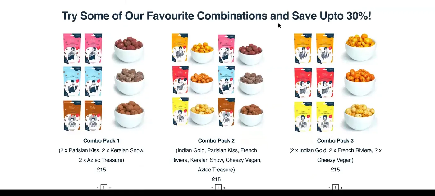 The Oh Lily! bundle page in the redesigned prototype: three combination packs - Parisian Kiss, Keralan Snow and Aztec Treasure; Indian Gold, Parisian Kiss, French Riviera, Keralan Snow and Cheezy Vegan; and Indian Gold, French Riviera and Cheezy Vegan - each priced at fifteen pounds with a quantity stepper.