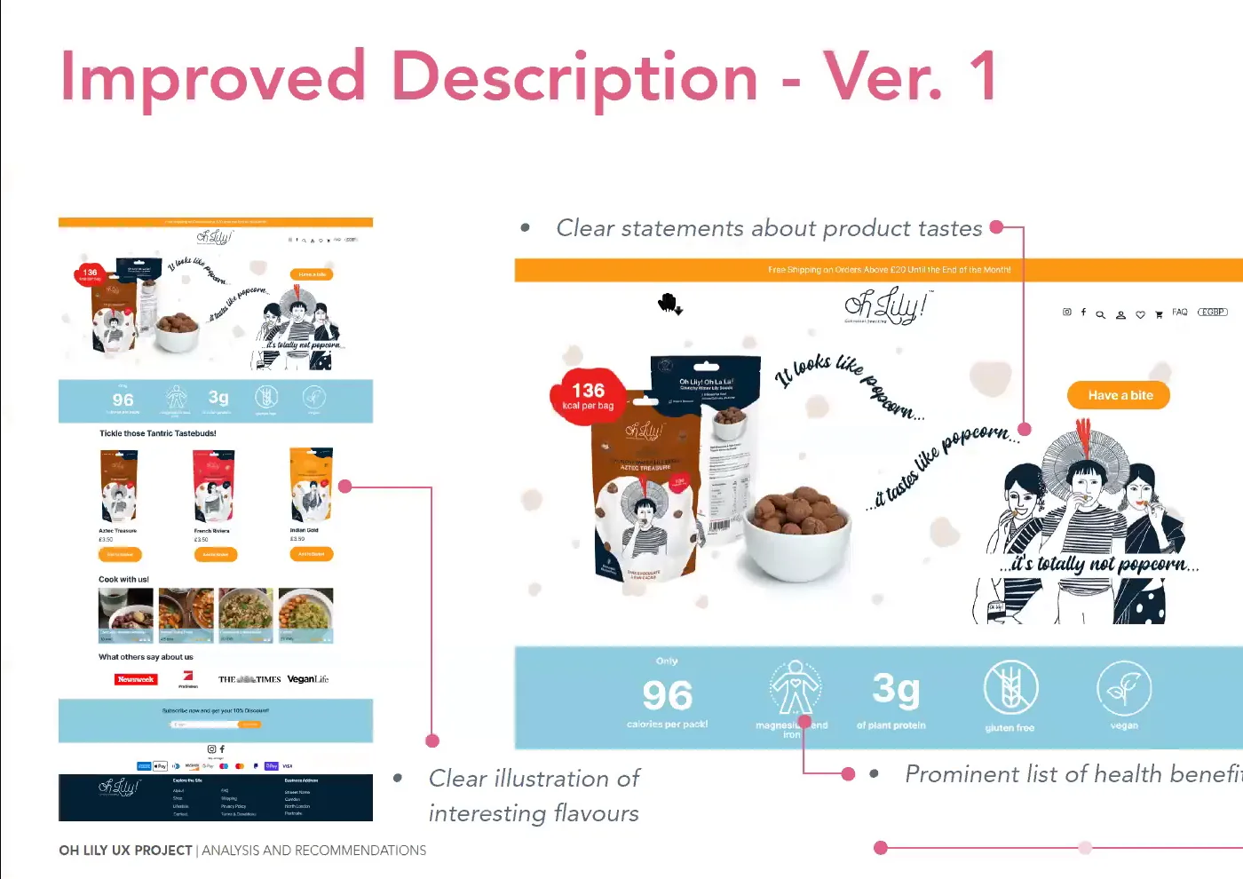 The Oh Lily! product description redesign, version one: the existing page on the left, the reworked page on the right with callouts for clear statements about product tastes, a clear illustration of interesting flavours and a prominent list of health benefits.