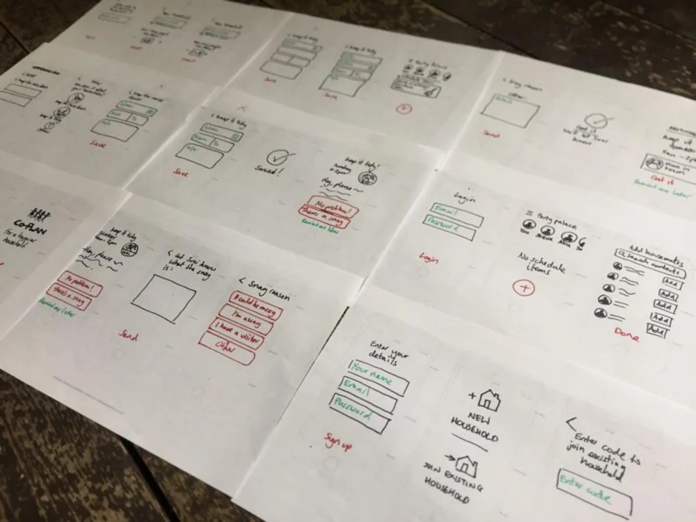 Photograph of hand-drawn Co-Plan interface sketches on grid paper, covering signup, login, creating or joining a household, adding housemates, a schedule list and a snag reason picker.