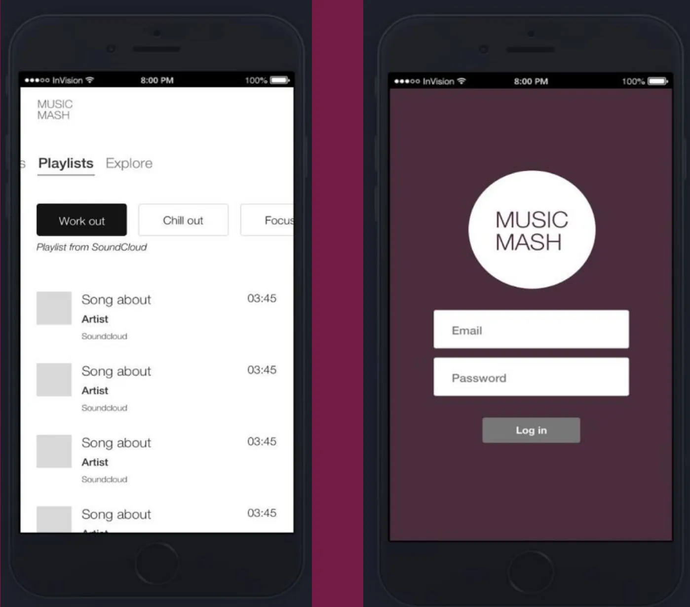 Two Music Mash prototype screens: a login screen with email and password fields, and a playlists screen where playlists are grouped as work out, chill out and focus, each labelled with the service it is pulled from.