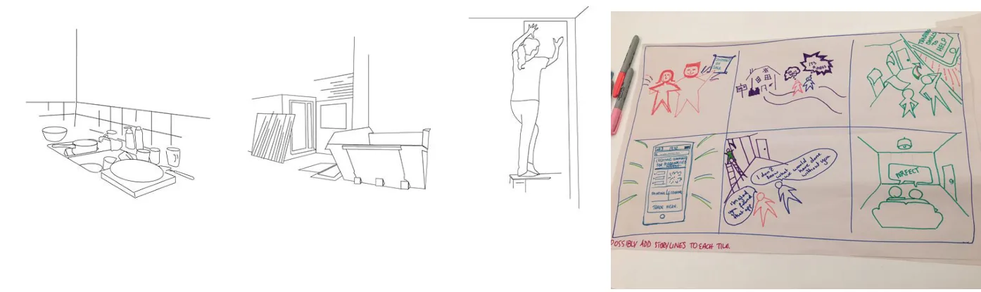 Trading Skills storyboard: line drawings of a kitchen full of washing up, a room mid-decoration and a person wallpapering, beside a hand-drawn six-frame storyboard in coloured pen showing a task being posted, a neighbour helping, and the finished room.