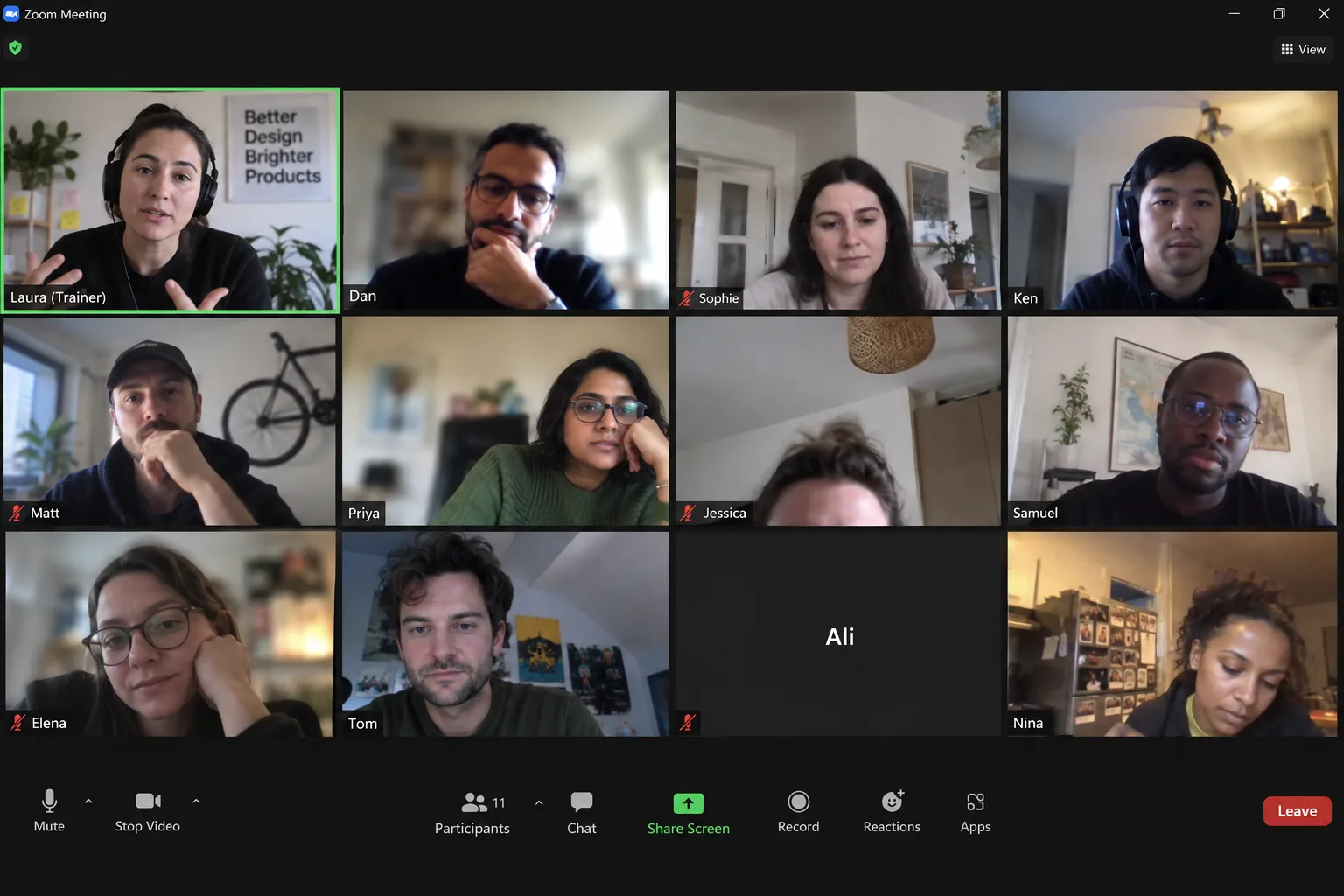 A live UX Academy class on Zoom, with the instructor speaking and the rest of the small group listening in the gallery grid.