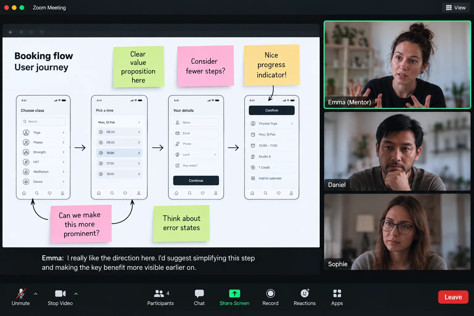 A weekly team check-in on Zoom: a mentor reviews a booking-flow user journey with a project team of three, with sticky-note comments on the shared screen.