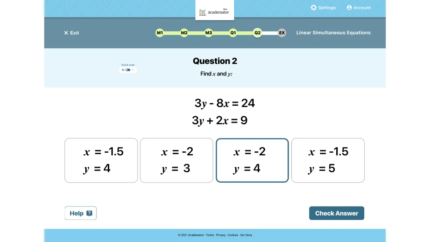 Academator question screen showing a simultaneous equations question with four answer options, a Help button and a Check Answer button.