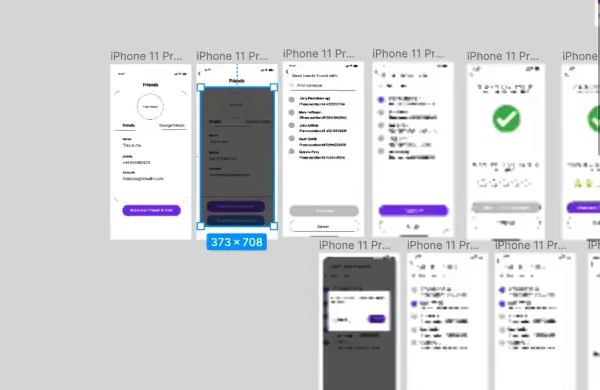 The Known2me team's Figma canvas during the build: the prototype's screens laid out in rows - the K-Card profile, the share sheet searching contacts, a scanned-code confirmation with a green tick, and the feedback screens - with one screen selected mid-build.
