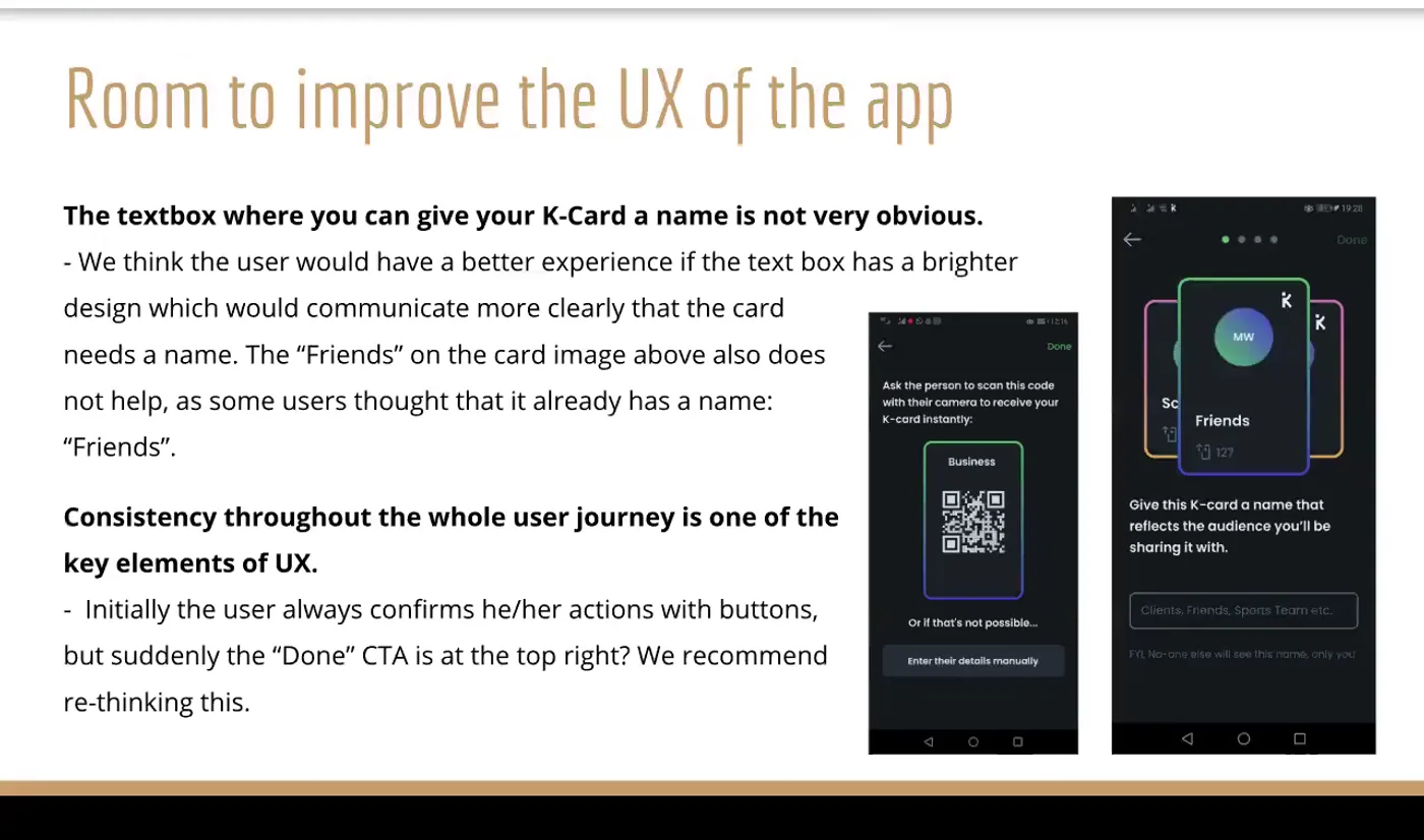 The Known2me team's recommendations slide, headed Room to improve the UX of the app, with two dark prototype screens: a QR code a contact can scan to receive the K-Card instantly, and the K-Card naming screen.