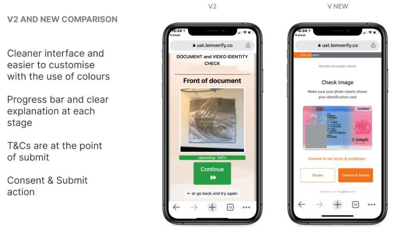 LEM Verify before and after comparison. The old screen is a dense document-upload page with a version string, a full-width green Continue button and a go back and try again link. The redesigned screen adds a percentage-complete progress bar, a plain instruction to check the image, consent to terms placed at the point of submit, and paired Retake and Consent and Submit actions. The photograph on the specimen identity card is redacted.