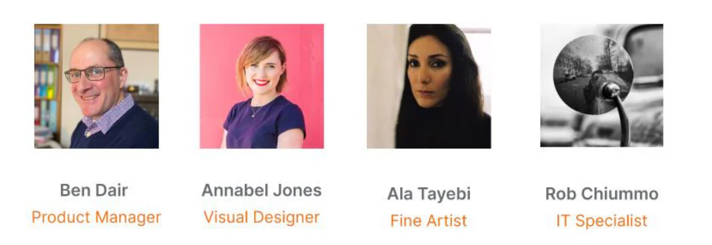 The LEM Verify project team slide with photographs of Ben Dair, product manager, Annabel Jones, visual designer, Ala Tayebi, fine artist, and Rob Chiummo, IT specialist.