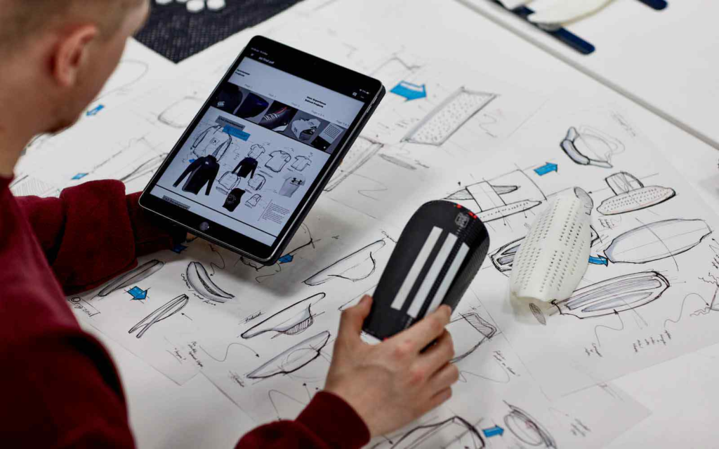A product designer holding the product with sketches on the table.